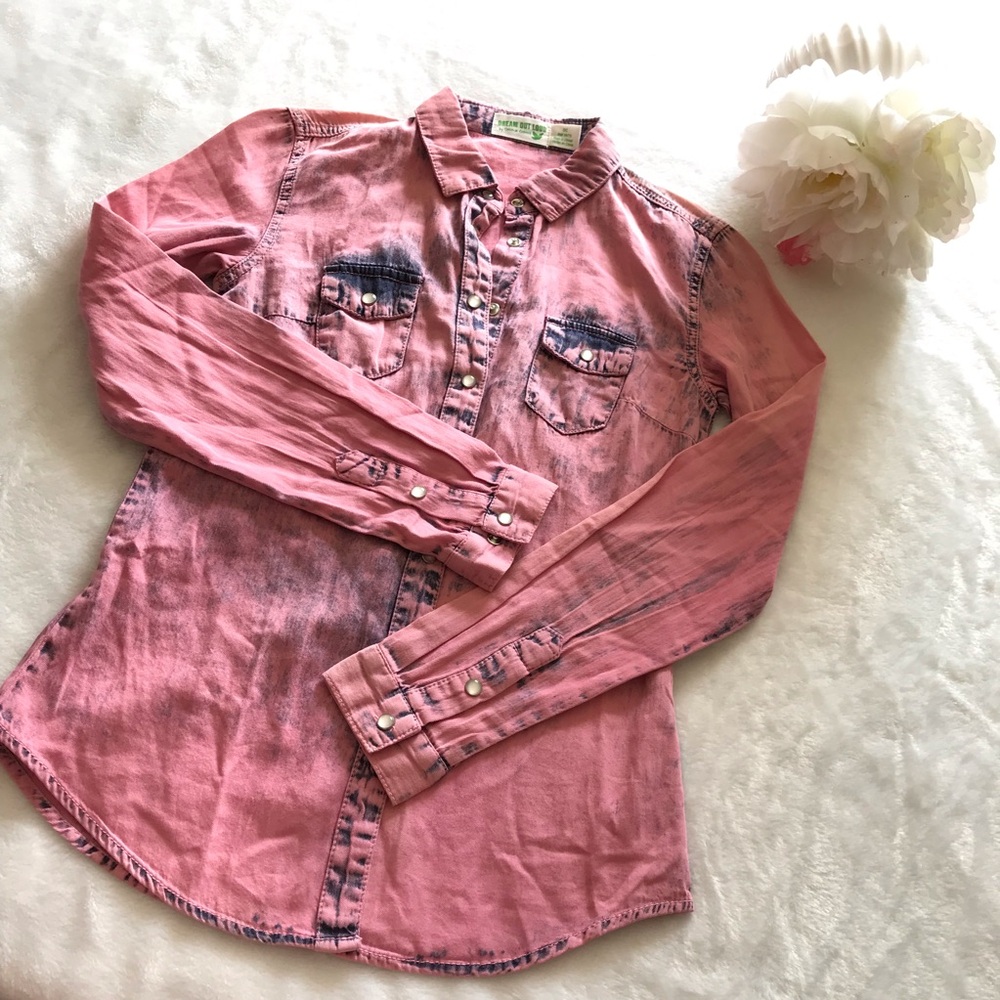Selena Gomez | Pink Acid Washed Snap Chambray Buttons Sz Sm Jr - Picture 11 of 12